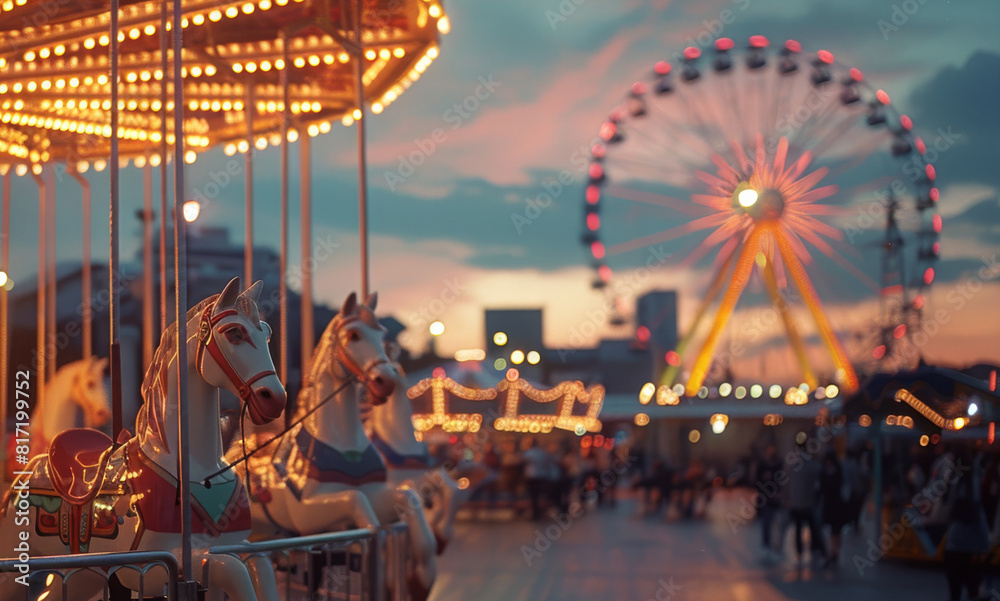 Ferris wheel open seat, ferris wheel carousel horse ride, a carnival full of lights, ferry lights, bright twilight sky, concrete floor, slight warm light, beautiful lighting. Generative AI. Ferris wheel open seat, ferris wheel carousel horse ride, a carnival full of lights, ferry lights, bright twilight sky, concrete floor, slight warm light, beautiful lighting. Generative AI.
