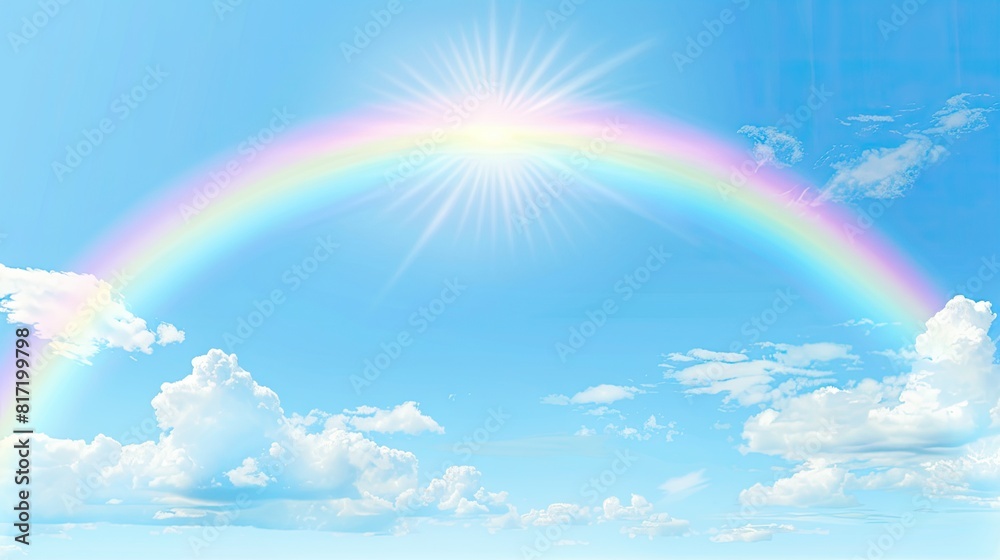Vibrant Rainbow Arching Over Puffy White Clouds in Clear Blue Sky Vibrant Rainbow Arching Over Puffy White Clouds in Clear Blue Sky