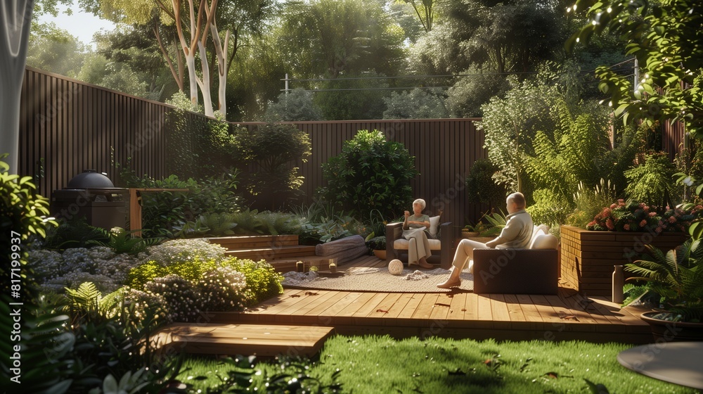 : Backyard Retreat: A serene backyard scene with a comfortable seating area, a wooden deck, lush greenery, and a small garden.