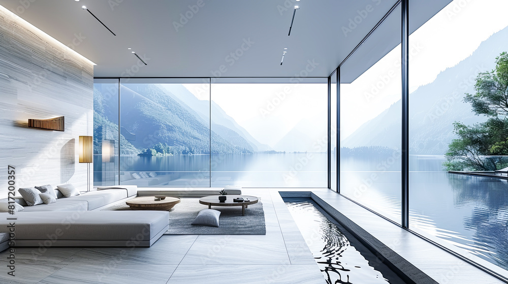 Luxury living room interior with panoramic view of mountains and lake. 3D Rendering Luxury living room interior with panoramic view of mountains and lake. 3D Rendering