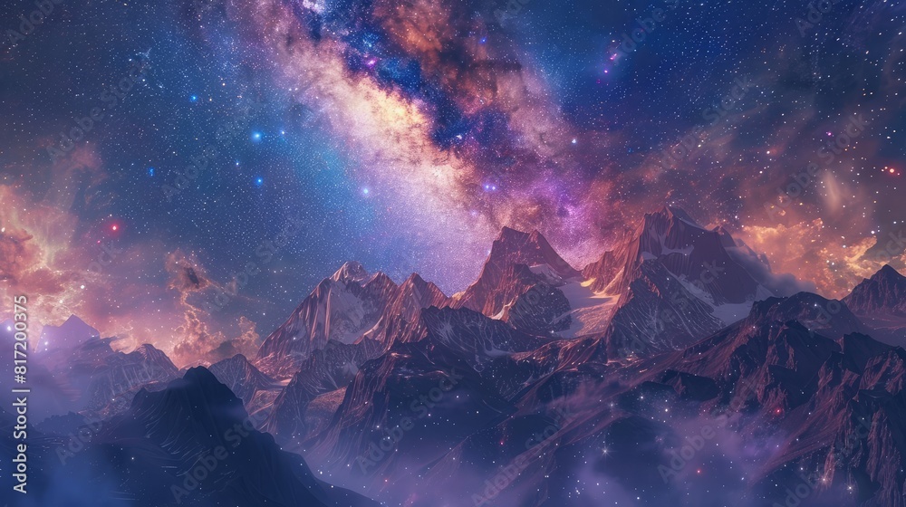 Violet cosmic expanse above mountain background