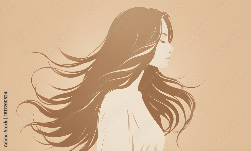 A white silhouette of a woman with long flowing hair against a beige background A white silhouette of a woman with long flowing hair against a beige background