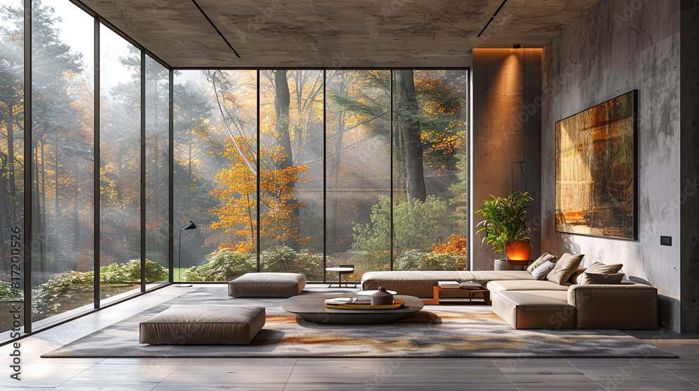 Fototapeta premium Modern living room interior with panoramic window, 3D rendering