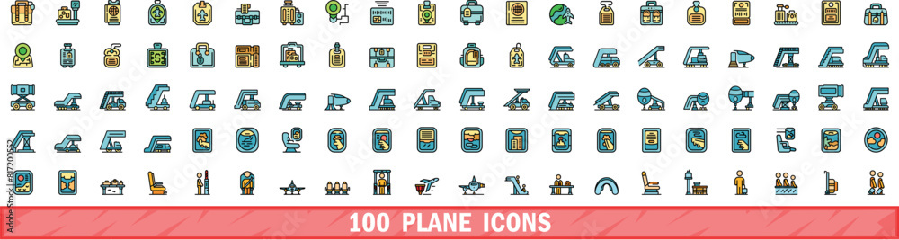 100 plane icons set. Color line set of plane vector icons thin line color flat on white 100 plane icons set. Color line set of plane vector icons thin line color flat on white