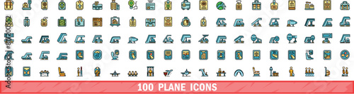100 plane icons set. Color line set of plane vector icons thin line color flat on white