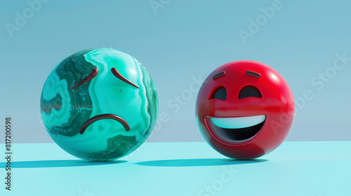 A photorealistic 3D of a malachite sad emoji next to a pastel red laughing emoji, both on a solid sky blue background, symbolizing elevation and grounding.