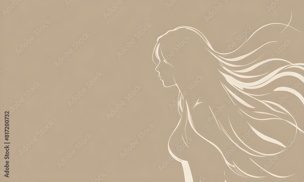 A white silhouette of a woman with long flowing hair against a beige background A white silhouette of a woman with long flowing hair against a beige background