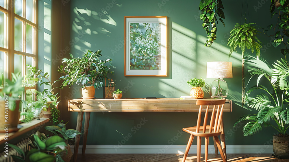Fototapeta premium Interior of modern living room with wooden table, chair and plants