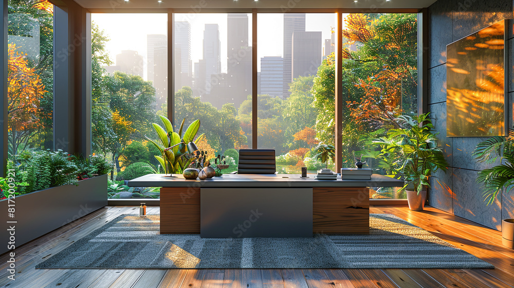 Interior of modern office with panoramic city view. 3D rendering Interior of modern office with panoramic city view. 3D rendering