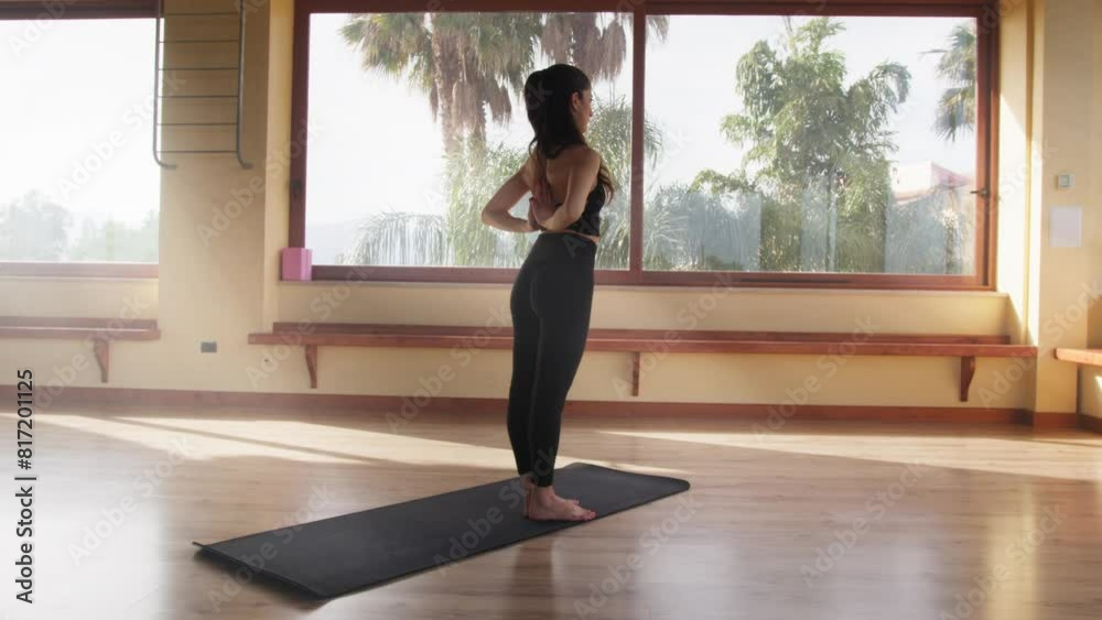 Woman Trains Concentration On The Mat At The Gym Woman Trains Concentration On The Mat At The Gym