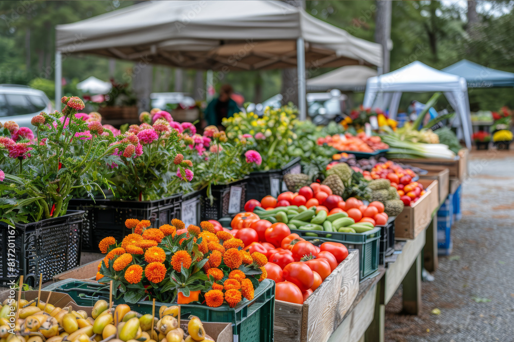 Busy local farmer's market scene with a variety of fresh seasonal produce and floral displays. AI generated. Busy local farmer's market scene with a variety of fresh seasonal produce and floral displays. AI generated.