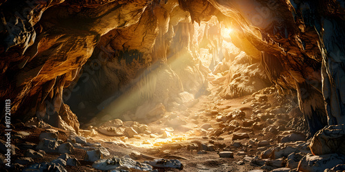 A light at the top of a cave in the style of religious themes