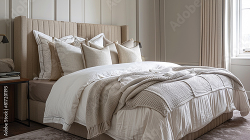 Luxe Scandinavian bedroom with a minimalist approach  featuring a bespoke upholstered bed  high-quality linens  and a muted color palette.