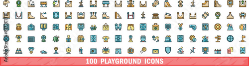 100 playground icons set. Color line set of playground vector icons thin line color flat on white