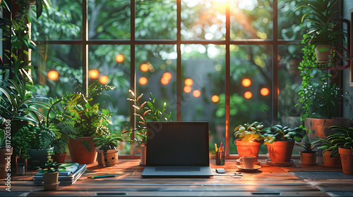 Laptop with blank screen on wooden table near window with green plants