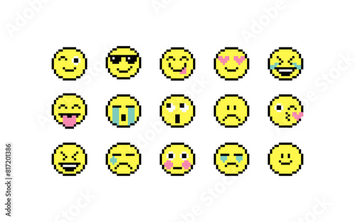 Various smile character shape pixel icons vector illustration. White background. Emoticon. Cute faces pack.  Pixel art style icons set.