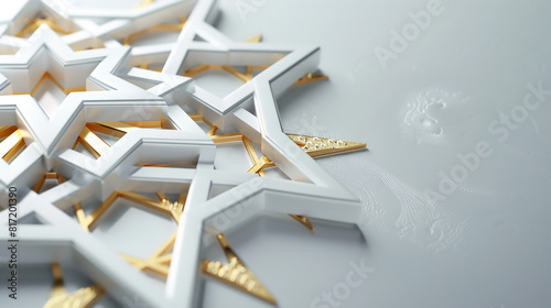 Elegant White and Gold Star Motif A sophisticated 3D realistic Islamic star motif in white and gold  creating an elegant background on a light gray backdrop.