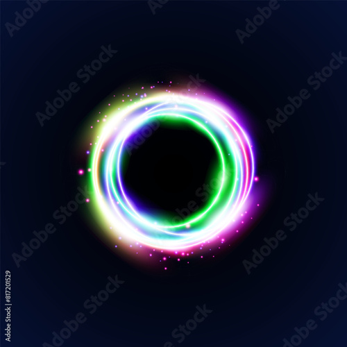 Light circle neon halo on brick wall, Bright glowing pink ring light glow effect. Vector illustration banner template.