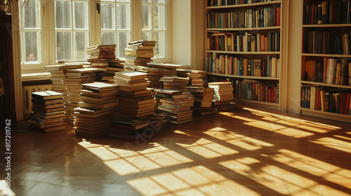 Artistic arrangement of books piled high in a sunlit room with large windows and a bookshelf in the background  casting warm shadows on the floor  creating a serene and inviting atmosphere 