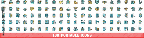 100 portable icons set. Color line set of portable vector icons thin line color flat on white