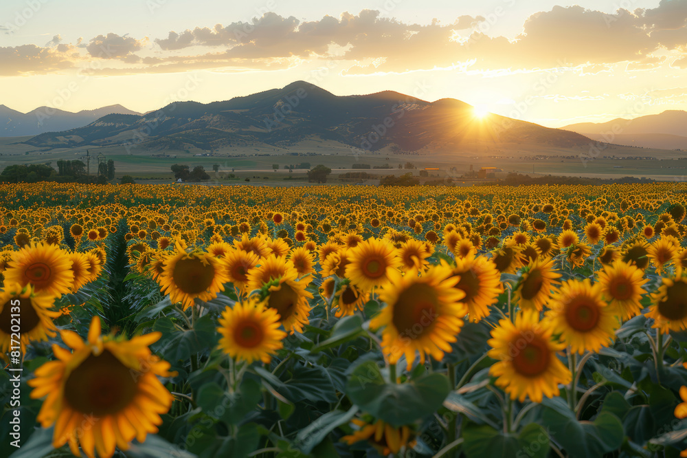 Fototapeta premium Landscape of a sprawling sunflower field at sunset with mountains in the background. AI generated.