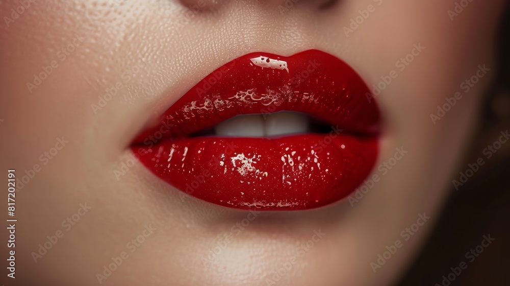 The voluptuous lips of a woman Accessorize with glossy red lipstick. The bright red color stands out. With a plastic shine that adds a unique and enchanting quality to the image. The voluptuous lips of a woman Accessorize with glossy red lipstick. The bright red color stands out. With a plastic shine that adds a unique and enchanting quality to the image.