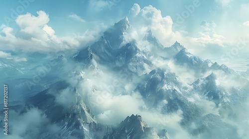 Wisps of cloud caress the jagged peaks of a mountain range, their soft embrace a contrast to the rugged terrain below. photo