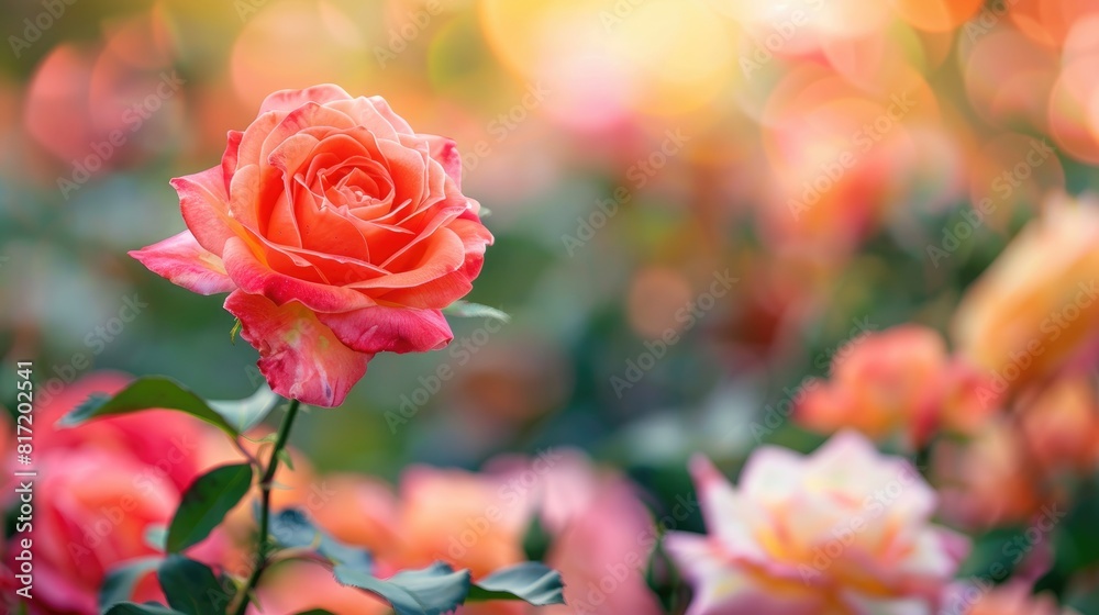 A vibrant rose flower in full bloom stands out against a backdrop of blurred roses in a beautiful garden showcasing the wonders of nature A vibrant rose flower in full bloom stands out against a backdrop of blurred roses in a beautiful garden showcasing the wonders of nature