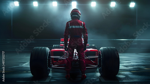 A racing driver against the background of a racing ca photo