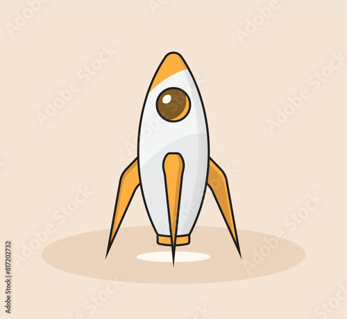 Minimalist cartoon rocket illustration on launchpad with outline