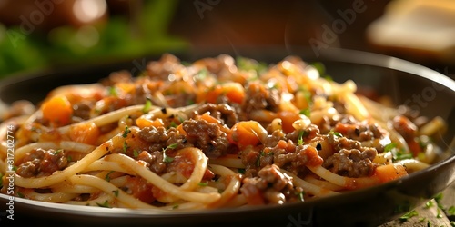 Closeup photo of traditional Spaghetti Bolognese showcasing its classic presentation. Concept Food Photography, Italian Cuisine, Classic Dish, Close-up Shot, Traditional Recipe photo