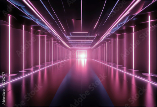 'laser dynamic rays colors lines glowing vibrant rendering tunnel light neon night stage empty ultraviolet club abstract background corridor room 3d fashion poduim three-dimensional'