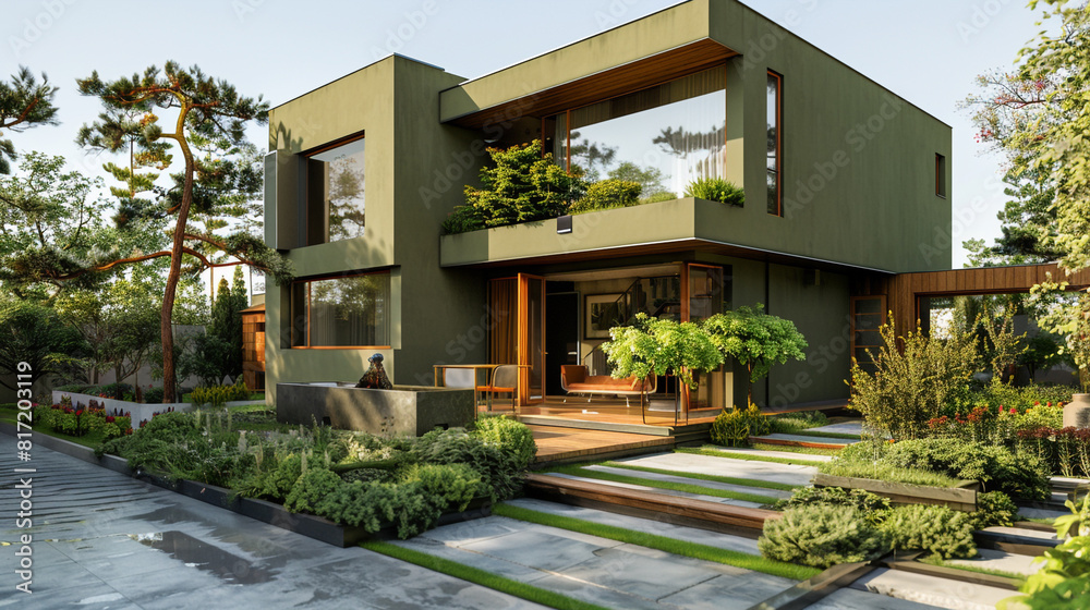 Modern house with an olive green exterior, accentuated with wooden elements and a beautifully landscaped garden. Summer day full front view.
