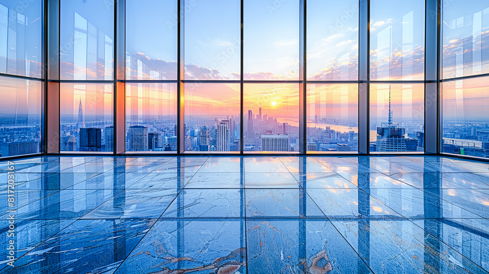 empty marble floor and cityscape of hangzhou at sunrise,China. empty marble floor and cityscape of hangzhou at sunrise,China.