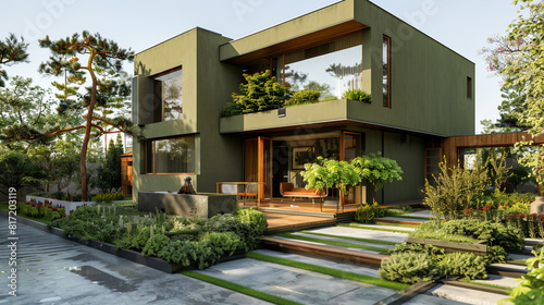 Modern house with an olive green exterior, accentuated with wooden elements and a beautifully landscaped garden. Summer day full front view."