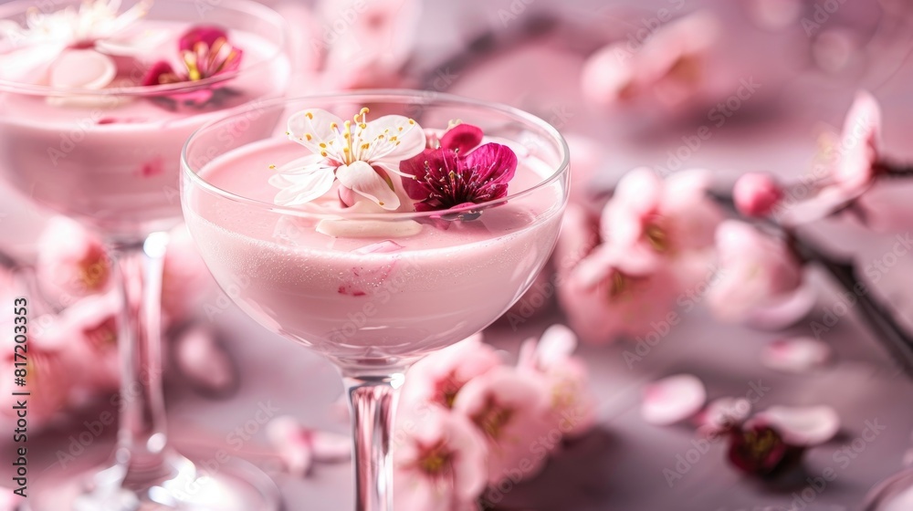 Indulge in a delightful homemade spring dessert featuring cherry blossom jelly and mousse elegantly presented in glasses exuding the beauty of the season