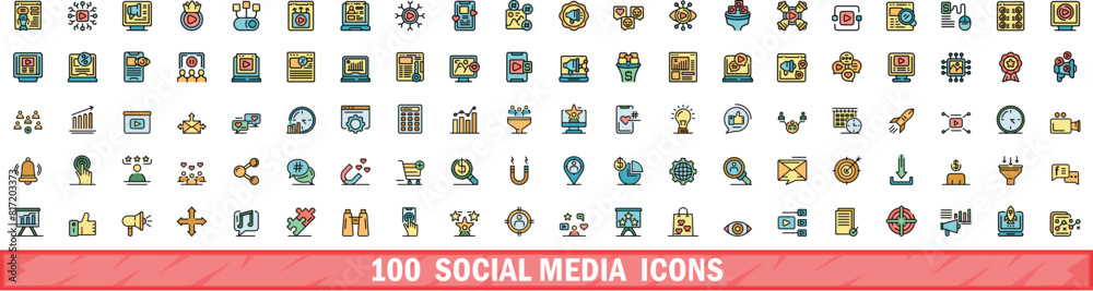 100 social media icons set. Color line set of social media vector icons thin line color flat on white 100 social media icons set. Color line set of social media vector icons thin line color flat on white
