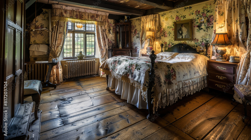 Old English cottage bedroom with a double bed, floral drapes, and a heritage wooden floor.