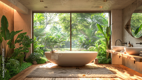 Bathroom interior design with panoramic window view of tropical garden