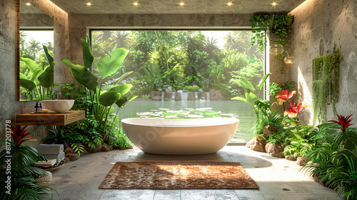 3d render of a modern bathroom with a bathtub and tropical plants