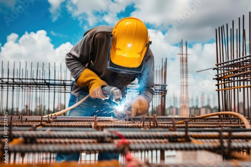 man is welding the steel structure, wearing safety gloves and safety glasses and yellow hard