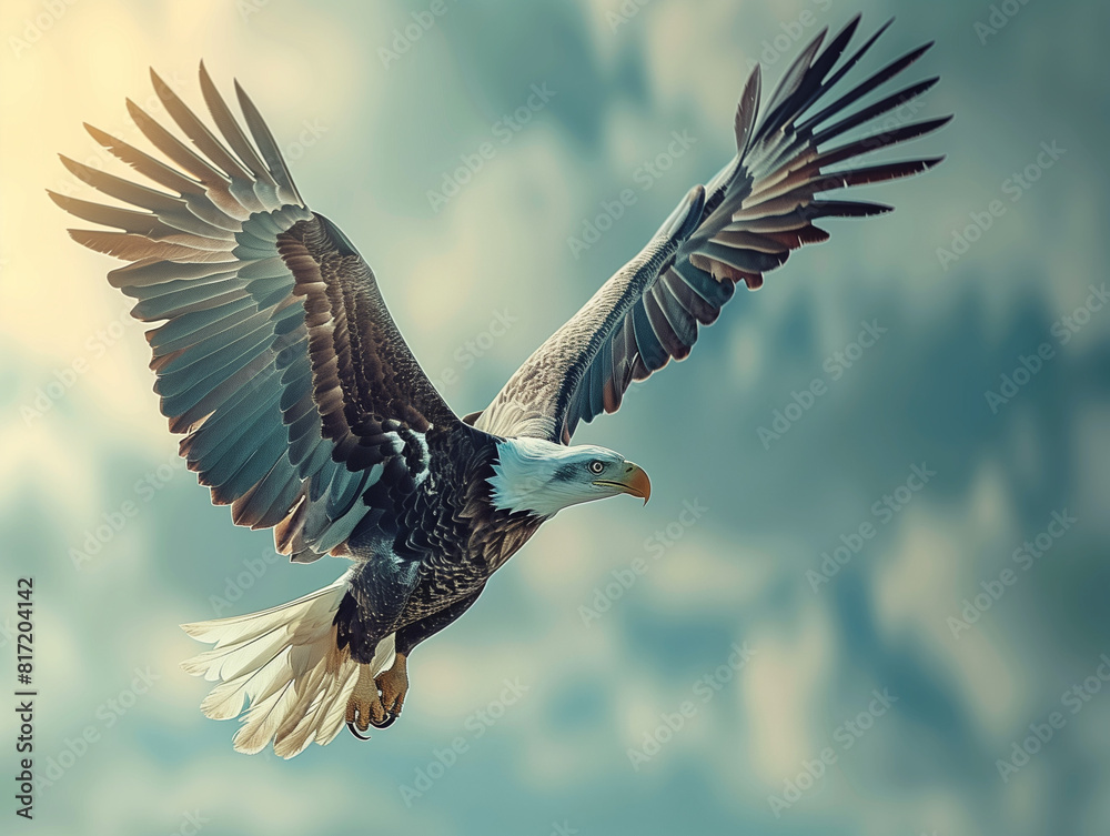 Obraz premium Flying Bald Eagle on American Flag for 4th of July