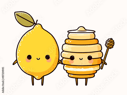 Cute kawaii lemon and honey. Vector cartoon illustration.