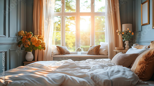 Beautiful morning light shines through the window on the bed in the bedroom