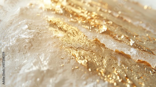 Gleaming gold foil abstract on a textured white background, selective focus on elegant shimmer, ethereal, Multilayer, luxury design backdrop
