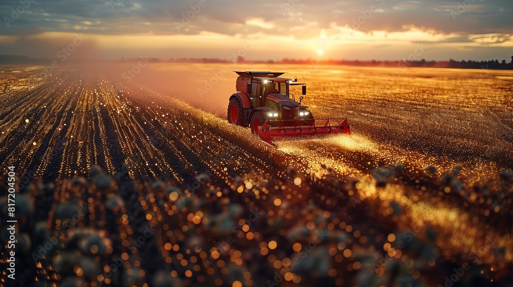 Aerial shot depicting a harvester working on a field, highlighting the digitalization of crop growing efficiency through AI data analysis, representing futuristic agriculture. Aerial shot depicting a harvester working on a field, highlighting the digitalization of crop growing efficiency through AI data analysis, representing futuristic agriculture.