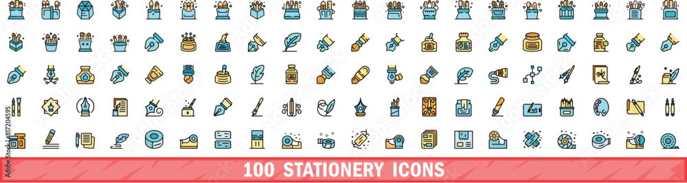 100 stationery icons set. Color line set of stationery vector icons thin line color flat on white 100 stationery icons set. Color line set of stationery vector icons thin line color flat on white