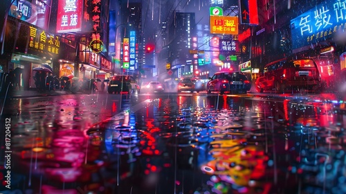 In the heart of a bustling metropolis, neon signs cast a kaleidoscope of colors onto rain-slicked streets, a testament to the city's vibrant energy.