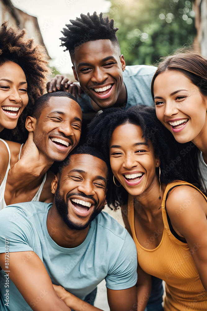 Obraz premium Connections Across Cultures: Diverse Friends Share Joyful Moment. Embracing Differences. Laughter Connects People of All Backgrounds. generative AI