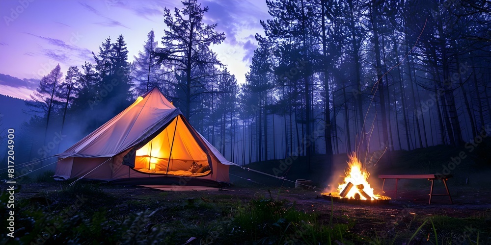 Glamping tent in forest with bonfire trees and illuminated bell tent. Concept Glamping, Forest Retreat, Bonfire Evenings, Illuminated Bell Tent, Rustic Camping